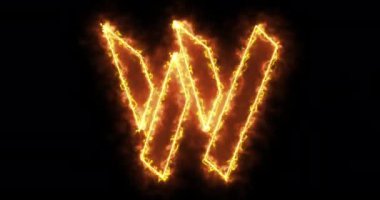 Siyah arka planda 4K yangın W alfabesi. İnternet, blog, internet, kafe ve otel için siyah arkaplan üzerine W alfabesi. Teknoloji video animasyonu. Kullanımı kolay.