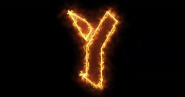 4K siyah arkaplanlı Y alfabesini ateşle. İnternet mağazası, blog, web, kafe ve otel için siyah arka planda Y yangın alfabesi. Teknoloji video animasyonu. Kullanımı kolay.
