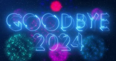 4K Goodbye 2024 2025 metin havalı neon animasyon afiş, sosyal medya, tebrik kartı. Geçen yıl 2024 yeni yıl 2025 'te neon renkli havai fişeklerle metin animasyonu. Herhangi bir videoda kullanması kolay.