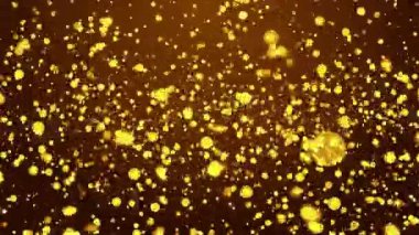 Altın arka planda 4K 'da uçan renkli parçacıklar. Toz ışığı parçacıkları uçan bokeh. Ödül için soyut Parçacık, Lüks, kutlama, Pamuk. Soyut Parıldayan Arkaplan.