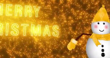 Kardan adamla 4K Mutlu Noeller mesajı. Kutlama için noel animasyonu, tebrik kartı, yanıp sönen ışıklar, kar. Noel 'de Noel Baba şapkası takan güzel BGCute kardan adam.