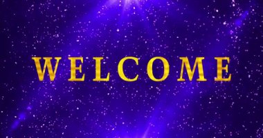 Gold Welcome metin animasyonu 4K 'da bir bokeh arkaplanda. Kutlama, tebrik kartları, online mağazalar, reklamlar ve sosyal medya animasyonlarına hoş geldiniz. Bir Soyut Parıldayan arkaplan.