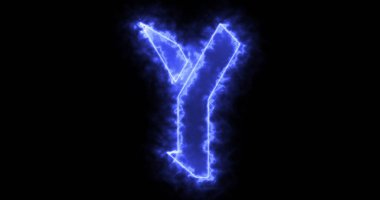 Siyah arka planda hareket eden neon çizgili Y alfabesi. Bir çevrimiçi dükkan, blog, web, kafe ve otel için siyah arkaplan alfabesi. Teknoloji video animasyonu. Herhangi bir videoda kullanması kolay.