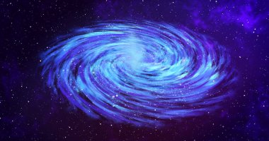 Mavi ve mor arkaplanlı yıldızlı uzay galaksisi. Galaksi uzayı arka plan kamerası galaksi ve nebula boyunca uçuyor. Kullanımı kolay. Uzayda seyahat ederken yavaş canlandırılmış arkaplan.