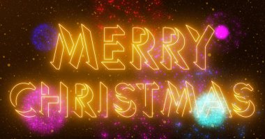Mutlu Noeller mesajı serin neon animasyon. Neon renkli havai fişeklerle mutlu noel metinleri animasyonu. Kutlama için Noel animasyonu, tebrik kartları, yanıp sönen ışıklar ve havai fişekler..