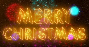 Mutlu Noeller mesajı serin neon animasyon. Neon renkli havai fişeklerle mutlu noel metinleri animasyonu. Kutlama için Noel animasyonu, tebrik kartları, yanıp sönen ışıklar ve havai fişekler..