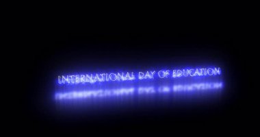 4K 'da Uluslararası Eğitim Günü metin animasyonu. Herhangi bir videoya koyması kolay. 4K' da karanlık bir arkaplan üzerinde parıldayan hareketli bir ana hatlı parlak renkli metin. 4K 'da teknoloji video materyali animasyonu.
