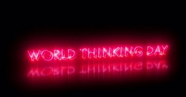 Dünya Düşünme Günü metin animasyonu 4K. Dünya Düşünme Günü metin arkaplanı. Neon renkli Dünya Düşünme Günü yazısı afiş, sosyal medya ve bilim için. Herhangi bir videoya koymak kolay.