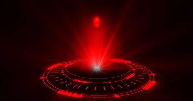 Bilimkurgu dijital tarzlı Sihirli Çember portalları. Soyut hologram teknolojisi. Fütürist portallar, Sihirli Hologram, spot ışığı arayüzü HUD çemberi renklendirildi. Soyut teknoloji BG