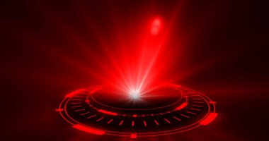 Bilimkurgu dijital tarzlı Sihirli Çember portalları. Soyut hologram teknolojisi. Fütürist portallar, Sihirli Hologram, spot ışığı arayüzü HUD çemberi renklendirildi. Soyut teknoloji BG