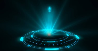 Bilimkurgu dijital tarzlı Sihirli Çember portalları. Soyut hologram teknolojisi. Fütürist portallar, Sihirli Hologram, spot ışığı arayüzü HUD çemberi renklendirildi. Soyut teknoloji BG