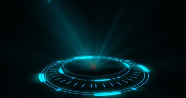 Bilimkurgu dijital tarzlı Sihirli Çember portalları. Soyut hologram teknolojisi. Fütürist portallar, Sihirli Hologram, spot ışığı arayüzü HUD çemberi renklendirildi. Soyut teknoloji BG