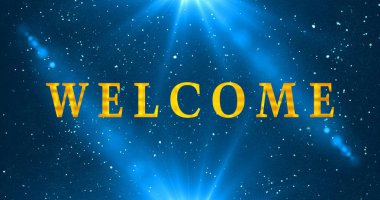 Bokeh arka planında Gold Welcome metin animasyonu. Kutlama, tebrik kartları, online mağazalar, reklamlar ve sosyal medya animasyonlarına hoş geldiniz. Bir Soyut Parıldayan arkaplan.
