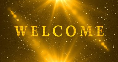 Bokeh arka planında Gold Welcome metin animasyonu. Kutlama, tebrik kartları, online mağazalar, reklamlar ve sosyal medya animasyonlarına hoş geldiniz. Bir Soyut Parıldayan arkaplan.