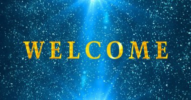 Bokeh arka planında Gold Welcome metin animasyonu. Kutlama, tebrik kartları, online mağazalar, reklamlar ve sosyal medya animasyonlarına hoş geldiniz. Bir Soyut Parıldayan arkaplan.