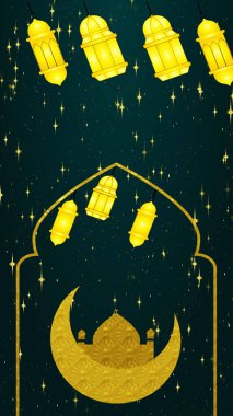 İslami tasarım feneri zengin altın renginde tasarlandı. İslami tasarım arka plan animasyonları Dikey olarak tasarlandı. Ramazan Kareem, Kurban Bayramı ve Kurban Bayramı için İslam geçmişi.