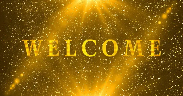 Bokeh arka planında Gold Welcome metin animasyonu. Kutlama, tebrik kartları, online mağazalar, reklamlar ve sosyal medya animasyonlarına hoş geldiniz. Bir Soyut Parıldayan arkaplan.