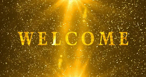 Bokeh arka planında Gold Welcome metin animasyonu. Kutlama, tebrik kartları, online mağazalar, reklamlar ve sosyal medya animasyonlarına hoş geldiniz. Bir Soyut Parıldayan arkaplan.