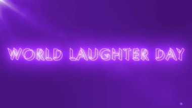 4K Dünya Kahkaha Günü metin animasyonu. Gülüş Günü metin arkaplanı. Afişler, sosyal medya, kutlamalar, satışlar ve reklamlar için açık renkli Mutlu Kahkaha Günü metni. Teknoloji video materyali animasyonu..