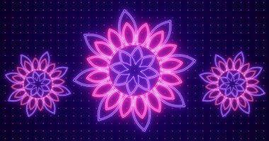 Neon çiçekleri animasyon tasarımı. Neon soyut tasarım animasyonu. Selamlar, gece kulüpleri ve etkinlikler için. Neon çiçekleri tasarım arka planı. Teknoloji video materyali animasyonu.
