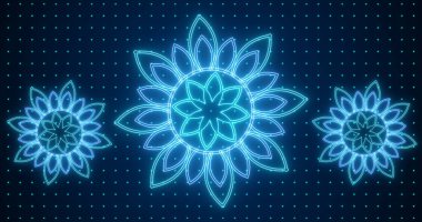 Neon çiçekleri animasyon tasarımı. Neon soyut tasarım animasyonu. Selamlar, gece kulüpleri ve etkinlikler için. Neon çiçekleri tasarım arka planı. Teknoloji video materyali animasyonu.