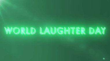 Dünya Kahkaha Günü metin animasyonu. Gülüş Günü metin arkaplanı. Afişler, sosyal medya, kutlamalar, satışlar ve reklamlar için neon renkli Mutlu Kahkaha Günü metni. Teknoloji video materyali animasyonu..