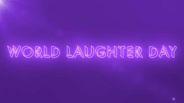 Dünya Kahkaha Günü metin animasyonu. Gülüş Günü metin arkaplanı. Afişler, sosyal medya, kutlamalar, satışlar ve reklamlar için neon renkli Mutlu Kahkaha Günü metni. Teknoloji video materyali animasyonu..