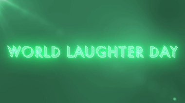 Dünya Kahkaha Günü metin animasyonu. Gülüş Günü metin arkaplanı. Afişler, sosyal medya, kutlamalar, satışlar ve reklamlar için neon renkli Mutlu Kahkaha Günü metni. Teknoloji video materyali animasyonu..