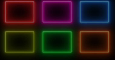 Neon parlak kare şekilleri koyu BG 'de. Çevrimiçi dükkan, blog, web, reklam, kafe ve otel için havalı animasyon kare şekilleri. Teknoloji video animasyonu. Kullanımı kolay.