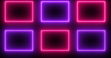 Neon parlak kare şekilleri koyu BG 'de. Çevrimiçi dükkan, blog, web, reklam, kafe ve otel için havalı animasyon kare şekilleri. Teknoloji video animasyonu. Kullanımı kolay.