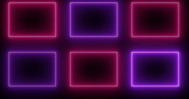 Neon parlak kare şekilleri koyu BG 'de. Çevrimiçi dükkan, blog, web, reklam, kafe ve otel için havalı animasyon kare şekilleri. Teknoloji video animasyonu. Kullanımı kolay.