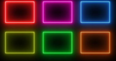 Neon parlak kare şekilleri koyu BG 'de. Çevrimiçi dükkan, blog, web, reklam, kafe ve otel için havalı animasyon kare şekilleri. Teknoloji video animasyonu. Kullanımı kolay.