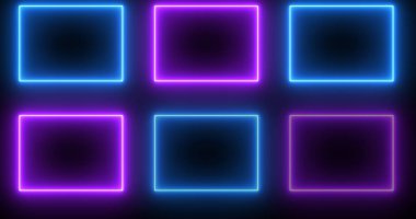 Neon parlak kare şekilleri koyu BG 'de. Çevrimiçi dükkan, blog, web, reklam, kafe ve otel için havalı animasyon kare şekilleri. Teknoloji video animasyonu. Kullanımı kolay.