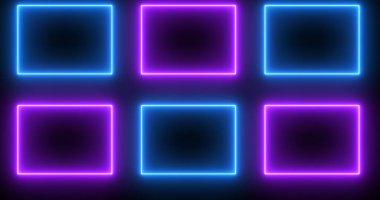 Neon parlak kare şekilleri koyu BG 'de. Çevrimiçi dükkan, blog, web, reklam, kafe ve otel için havalı animasyon kare şekilleri. Teknoloji video animasyonu. Kullanımı kolay.