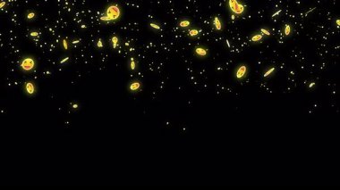 Canlı yayın, canlı sohbet ve yaşam tarzı için 4K emoji parçacığı. Sosyal medya emoji parçacıkları arka planda aşağı doğru hareket ediyor. Toz ışığı, hareket eden parçacıkları parlatır. Bir Soyut Parıldayan arkaplan.