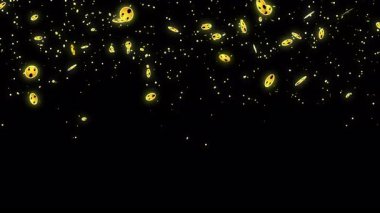 Canlı yayın, canlı sohbet ve yaşam tarzı için 4K emoji parçacığı. Sosyal medya emoji parçacıkları arka planda aşağı doğru hareket ediyor. Toz ışığı, hareket eden parçacıkları parlatır. Bir Soyut Parıldayan arkaplan.