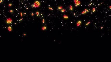 Canlı yayın, canlı sohbet ve yaşam tarzı için 4K emoji parçacığı. Sosyal medya emoji parçacıkları arka planda aşağı doğru hareket ediyor. Toz ışığı, hareket eden parçacıkları parlatır. Bir Soyut Parıldayan arkaplan.