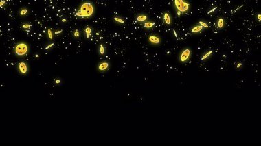 Canlı yayın, canlı sohbet ve yaşam tarzı için 4K emoji parçacığı. Sosyal medya emoji parçacıkları arka planda aşağı doğru hareket ediyor. Toz ışığı, hareket eden parçacıkları parlatır. Bir Soyut Parıldayan arkaplan.