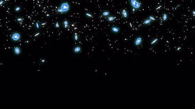 Canlı yayın, canlı sohbet ve yaşam tarzı için 4K emoji parçacığı. Sosyal medya emoji parçacıkları arka planda aşağı doğru hareket ediyor. Toz ışığı, hareket eden parçacıkları parlatır. Bir Soyut Parıldayan arkaplan.