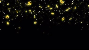 Canlı yayın, canlı sohbet ve yaşam tarzı için 4K emoji parçacığı. Sosyal medya emoji parçacıkları arka planda aşağı doğru hareket ediyor. Toz ışığı, hareket eden parçacıkları parlatır. Bir Soyut Parıldayan arkaplan.