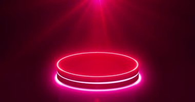 Minimalist podyum. Ürün gösterisi, sunumu ve tanıtımı için uygun. Parlak Kırmızı ve Pembe Işık Sahne BG Siyah Silindir Podyumu. Boş ekran podyumu.