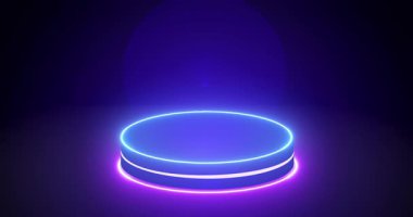 4K ışıklandırmalı minimalist podyum. Ürün gösterisi, sunumu ve tanıtımı için uygun. Parlak Mor ve Mavi Işık Sahne BG Siyah Silindir Podyumu. Boş ekran podyumu.