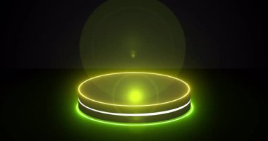 4K ışıklandırmalı minimalist podyum. Ürün gösterisi, sunumu ve tanıtımı için uygun. Parlak Yeşil ve Sarı Sahne BG Siyah Silindir Podyumu. Boş ekran podyumu.