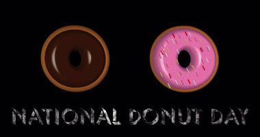 Ulusal Donut Günü 'nün arka planında 4K donutlar var. Kopya alanı olan çörek günü BG 'si. Kutlama kartları, sosyal medya paylaşımları ve reklamlar için çörek günü BG. Donut Renkli Arkaplan