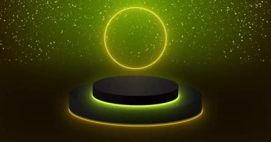 Ürün gösterisi, sunumu ve tanıtımı için uygun 4K parçacıkları olan minimalist podyum. Parlak Yeşil ve Sarı Sahne BG Siyah Silindir Podyumu. Boş ekran podyumu.
