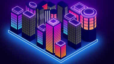4K 'de gelecekçi neon Isometric City. Reklam, Sosyal Ağ ve Pazarlama için soyut neon tasarım animasyon şehri. İnternet Marketi Şehir Sahneleri. Teknoloji video animasyonu. 