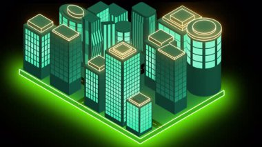 4K 'de gelecekçi neon Isometric City. Reklam, Sosyal Ağ ve Pazarlama için soyut neon tasarım animasyon şehri. İnternet Marketi Şehir Sahneleri. Teknoloji video animasyonu. 