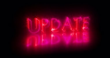 4K içerisindeki metin animasyonunu güncelle. Parlayan neon ışıklı neon içerikli neon renkli güncelleme metni bir afiş ve sosyal medya besleme duvar kağıdı için mükemmeldir. Teknoloji video animasyonu. Herhangi bir videoya koymak kolay.