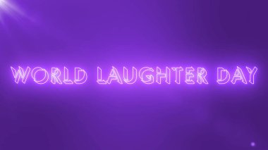 Dünya Kahkaha Günü metin animasyonu. Gülüş Günü metin arkaplanı. Afişler, sosyal medya, kutlamalar, satışlar ve reklamlar için neon renkli Mutlu Kahkaha Günü metni. Teknoloji video materyali animasyonu..