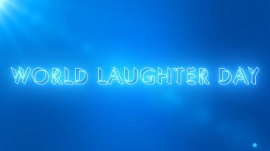 Dünya Kahkaha Günü metin animasyonu. Gülüş Günü metin arkaplanı. Afişler, sosyal medya, kutlamalar, satışlar ve reklamlar için neon renkli Mutlu Kahkaha Günü metni. Teknoloji video materyali animasyonu..
